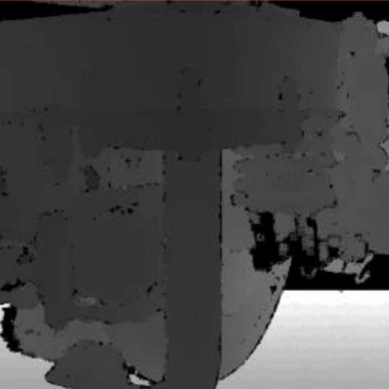 Schwarz-Wei&szlig;es synthetisches Tiefenbild, das mit der in Benjamin Planches Diplomarbeit beschriebenen Methode (DepthSynth) erstellt wurde