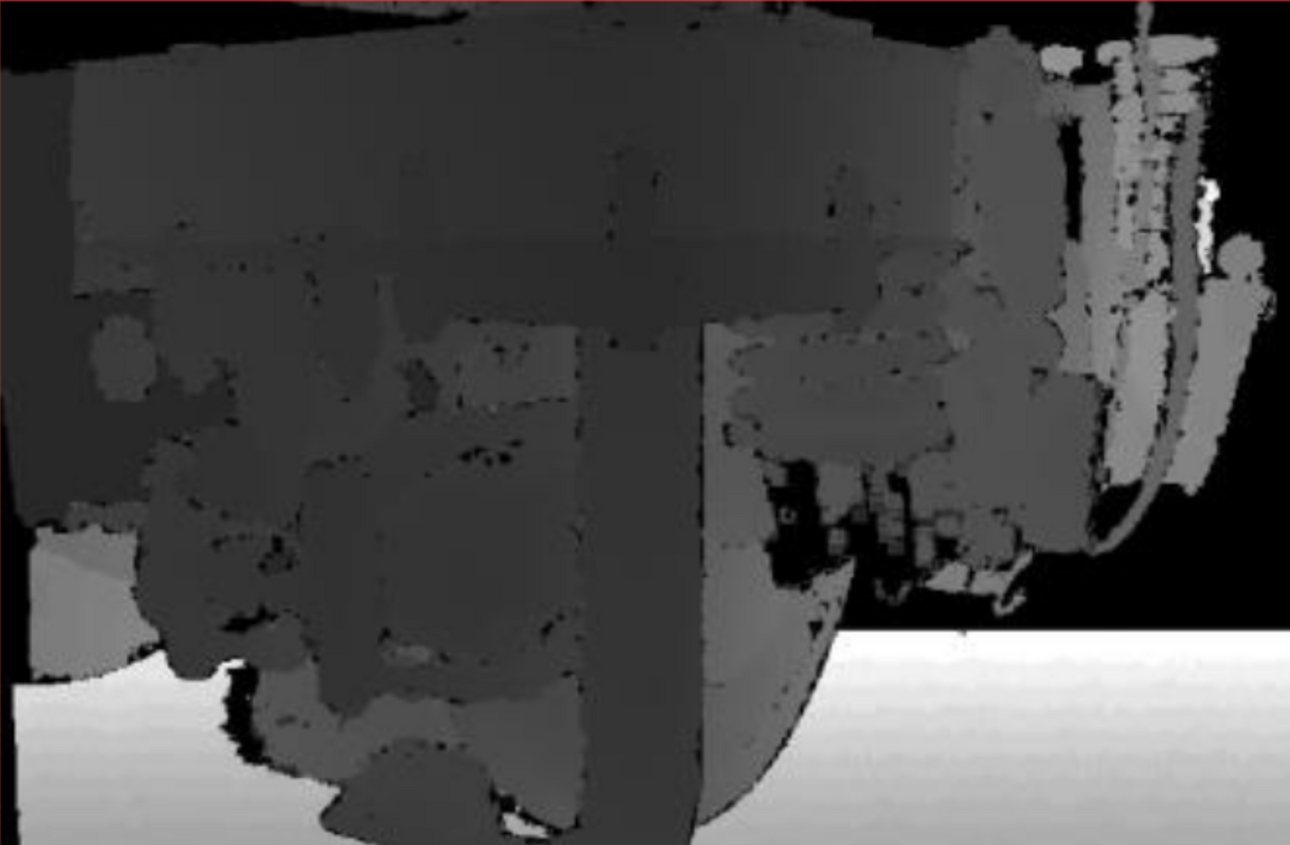 Schwarz-Wei&szlig;es synthetisches Tiefenbild, das mit der in Benjamin Planches Diplomarbeit beschriebenen Methode (DepthSynth) erstellt wurde