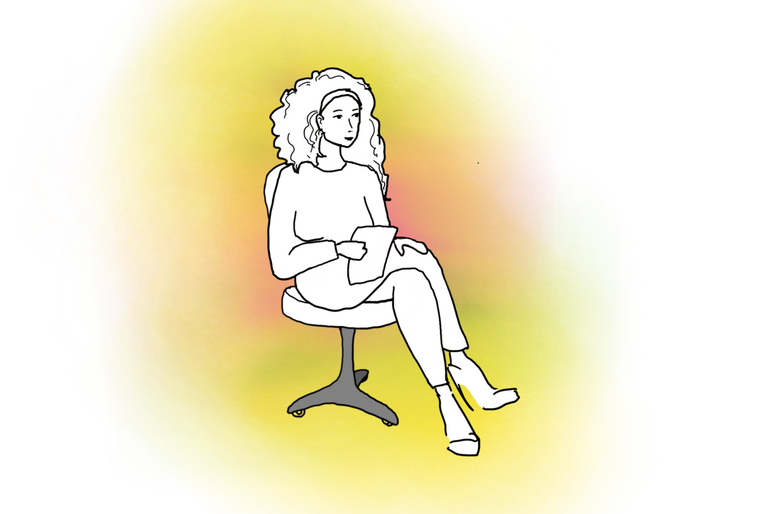 Illustration einer Bankberaterin, die auf einem B&uuml;rostuhl sitzt. Die Zeichnung umgibt ein gelber und roter Schimmer, der die berufliche Identit&auml;t der Frau veranschaulichen soll. Illustration: Isabel Groll