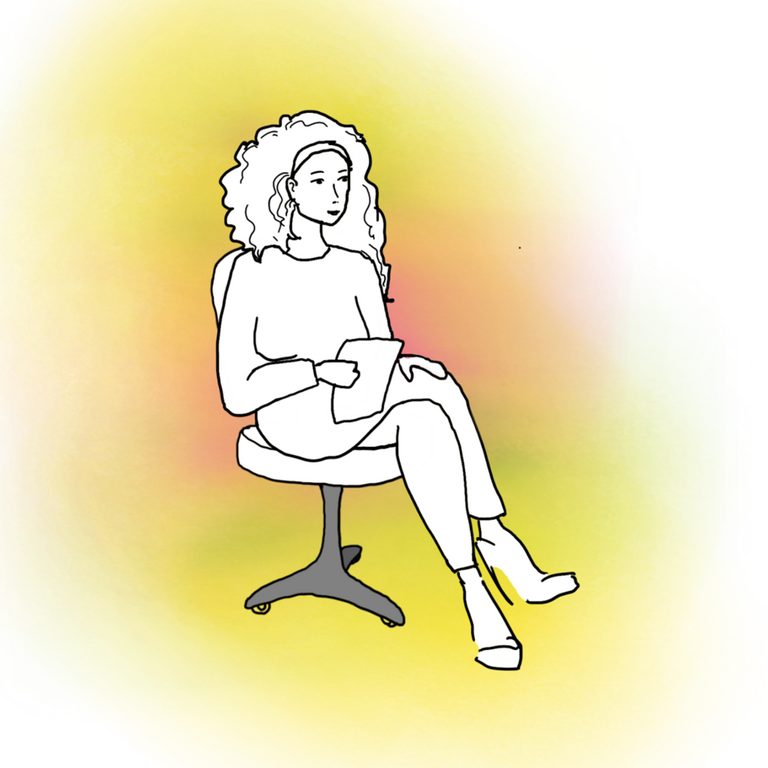 Illustration einer Bankberaterin, die auf einem B&uuml;rostuhl sitzt. Die Zeichnung umgibt ein gelber und roter Schimmer, der die berufliche Identit&auml;t der Frau veranschaulichen soll. Illustration: Isabel Groll