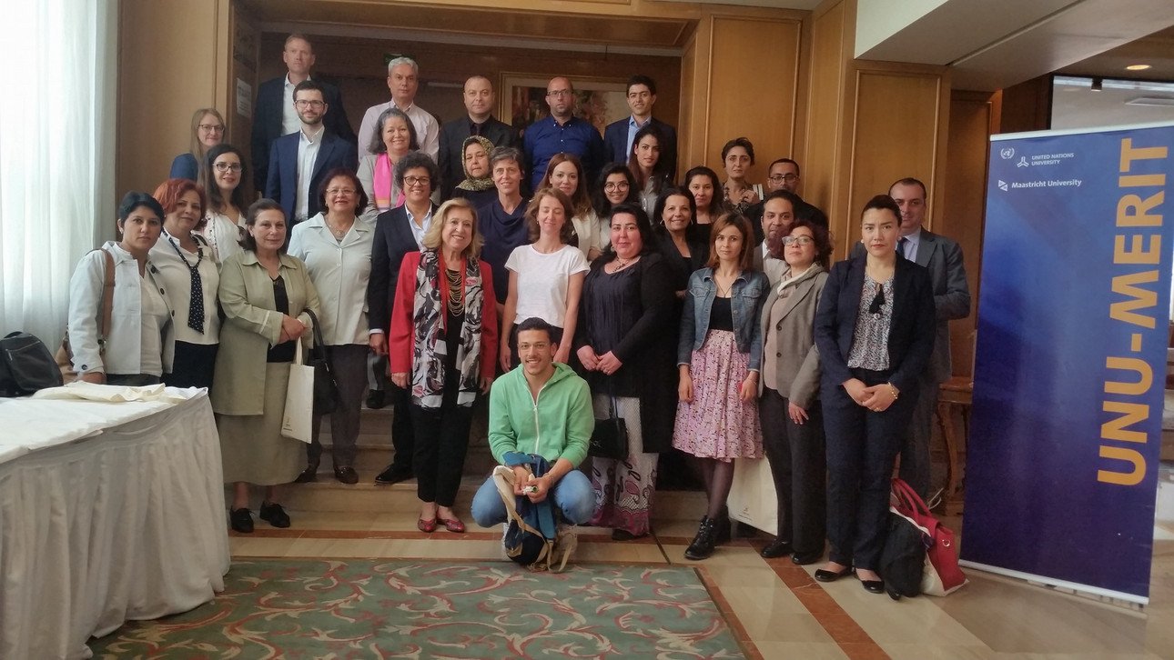 Professor Michael Grimm (last row on the left) and Ann-Kristin Reitmann (2nd row from rear on the left) present the findings of the study to high-ranking politicians and academics. Photograph: CAWTAR.