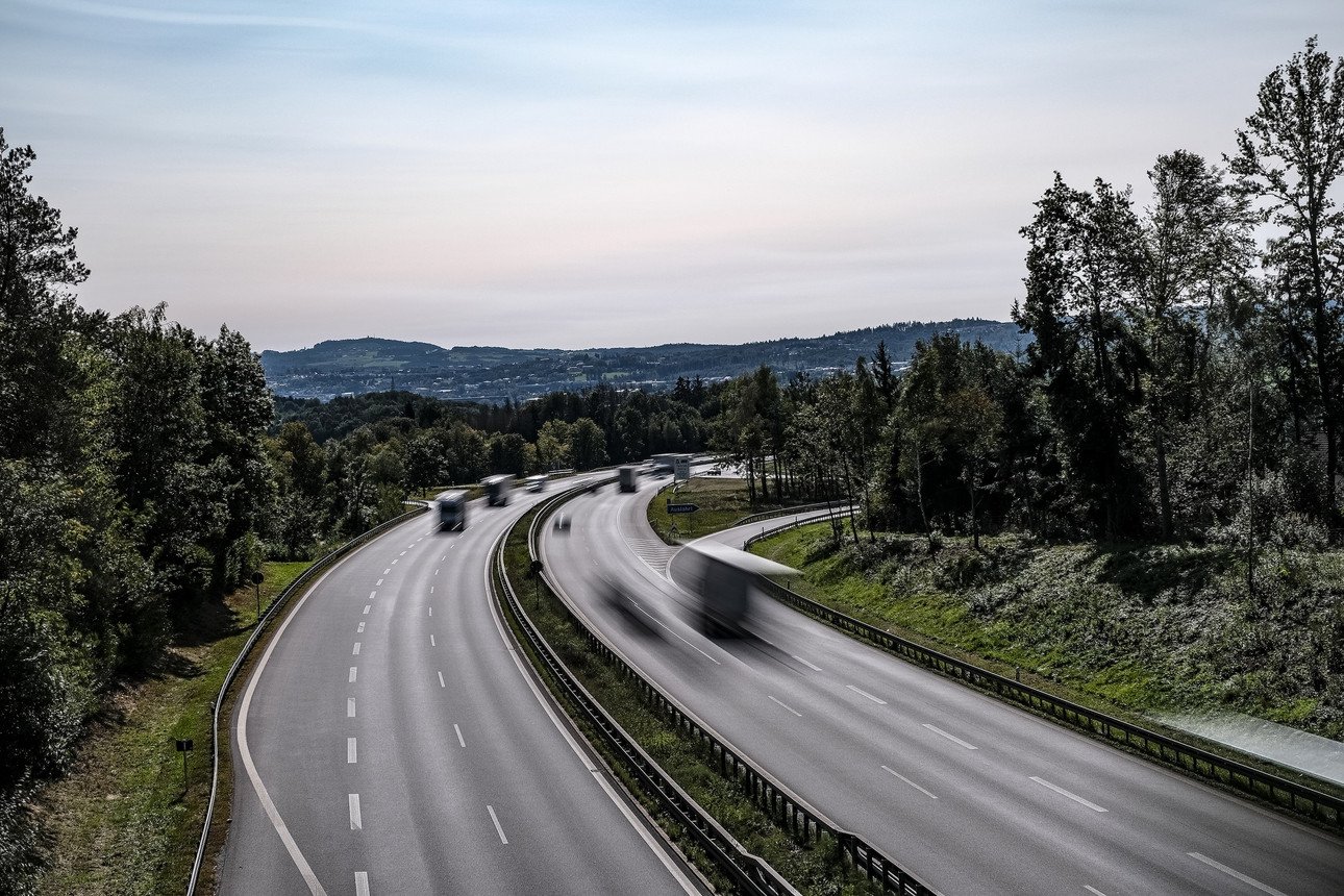 Traffic on a rural road. 