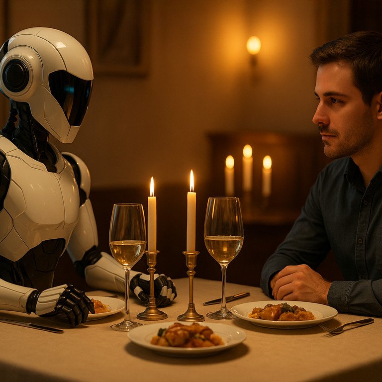 Mensch und Roboter beim Candle-Light-Dinner. KI-generiertes Bild mit Hilfe von DeepAI und ChatGPT