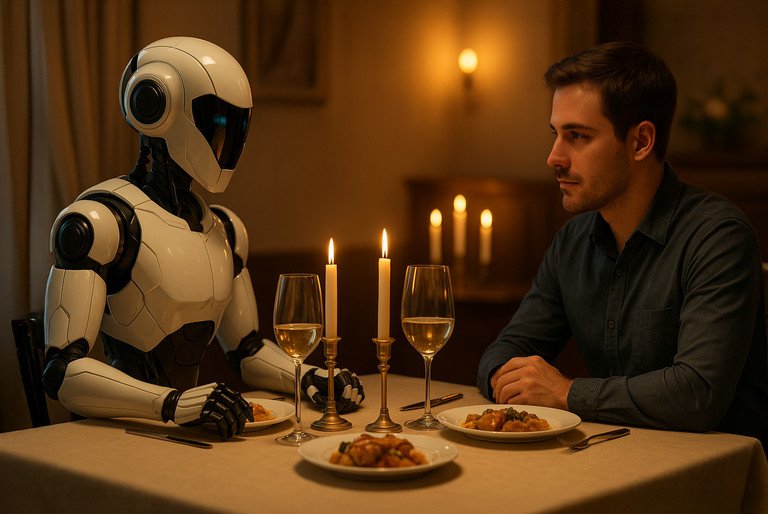 Mensch und Roboter beim Candle-Light-Dinner. KI-generiertes Bild mit Hilfe von DeepAI und ChatGPT