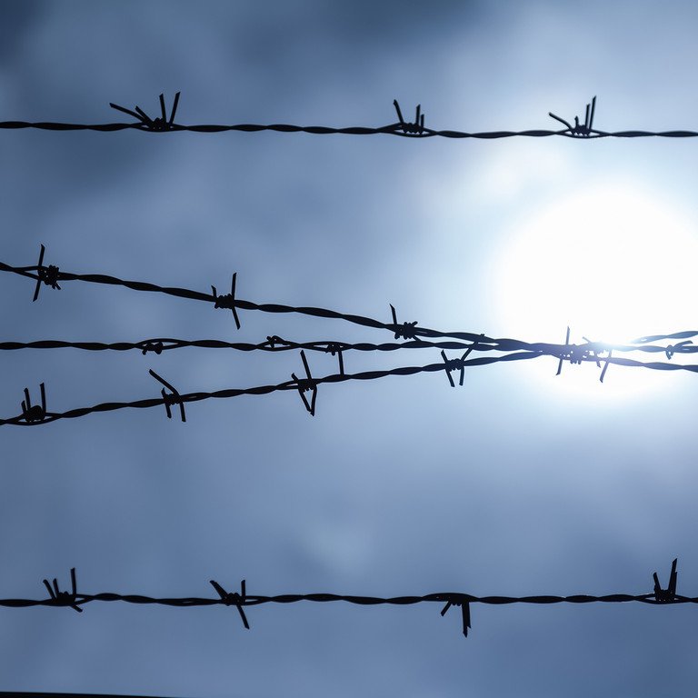 Bew&ouml;lkter Himmel, zu sehen durch einen Stacheldraht. Symbolfoto: Adobe Stock