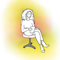 Illustration einer Bankberaterin, die auf einem Bürostuhl sitzt. Die Zeichnung umgibt ein gelber und roter Schimmer, der die berufliche Identität der Frau veranschaulichen soll. Illustration: Isabel Groll