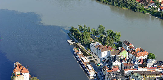 Dreiflüsse-Eck in Passau: Zusammenfluss von Donau, Inn, Ilz