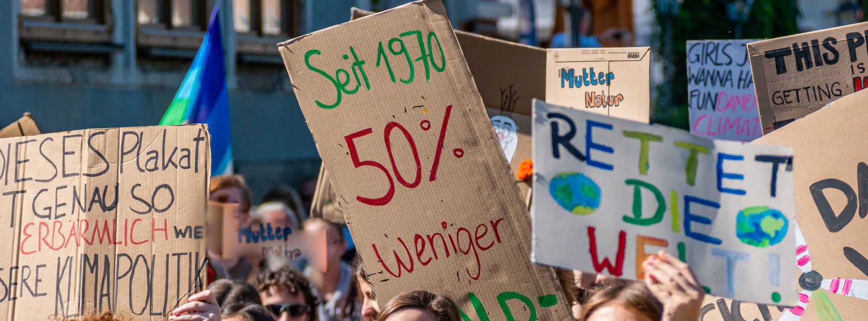 Demonstrators at a Fridays for Future demonstration hold up colorful climate change signs.