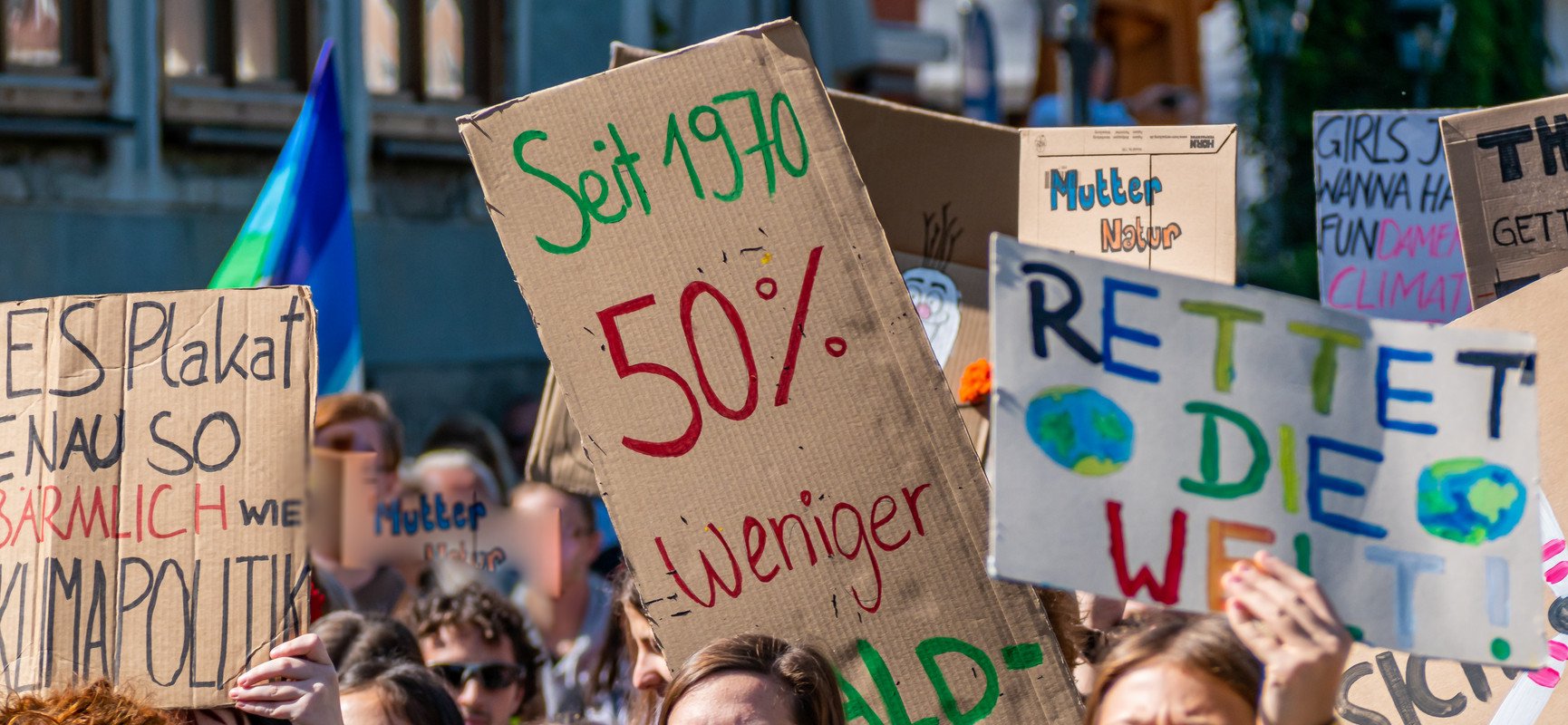 Demonstrators at a Fridays for Future demonstration hold up colorful climate change signs.