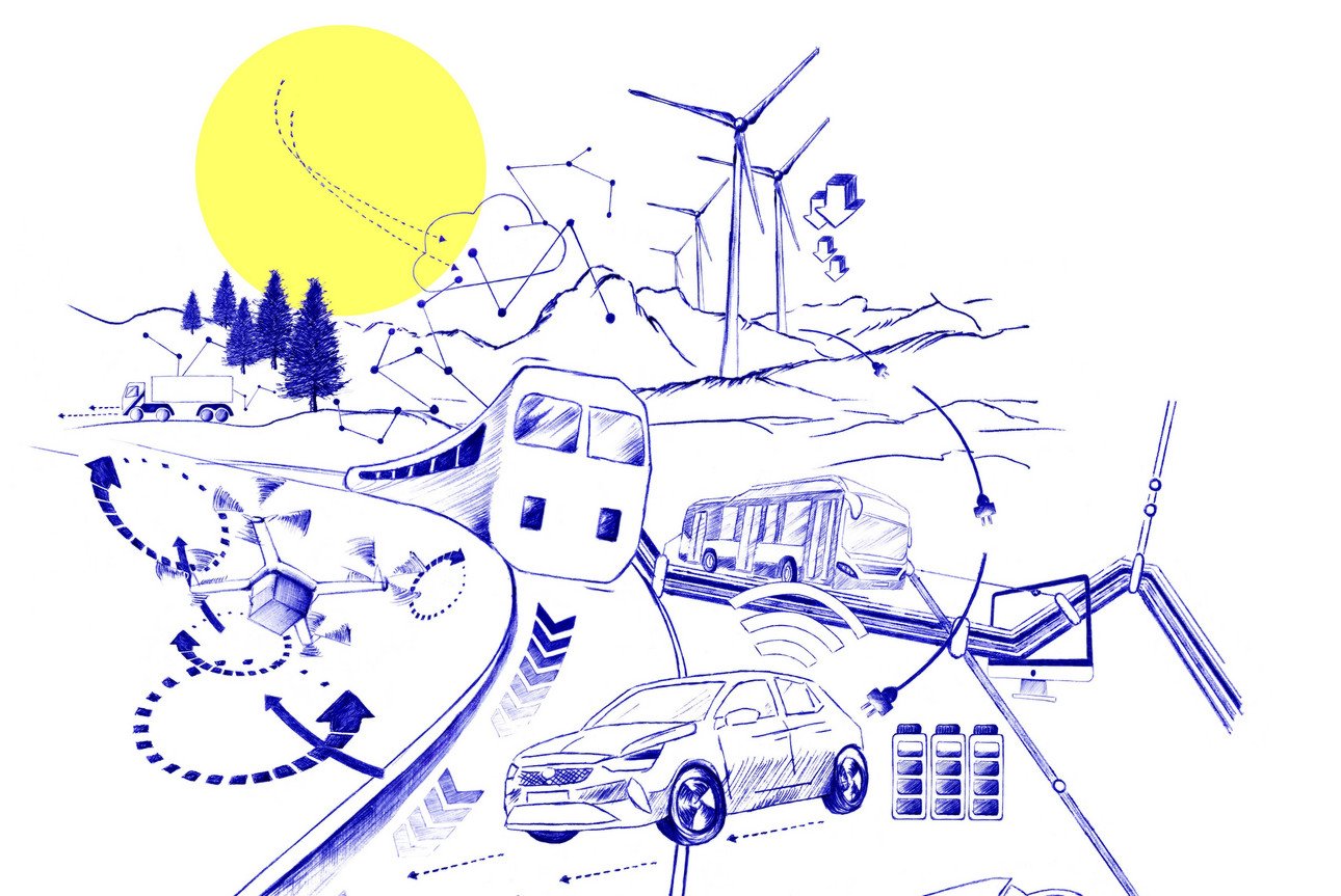 Blue drawing of various means of transport: train, public bus, cargo bike, drone...
