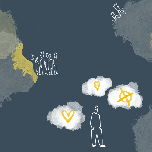 Bei welchen Informationen wollen wir, dass diese privat bleiben? Illustration von einer Person mit verschiedenen Symbolen, die f&uuml;r Standort, Liebe und Wahlentscheidung stehen. Illustration: Isabel Groll