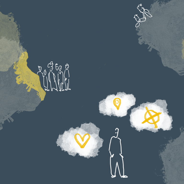 Bei welchen Informationen wollen wir, dass diese privat bleiben? Illustration von einer Person mit verschiedenen Symbolen, die f&uuml;r Standort, Liebe und Wahlentscheidung stehen. Illustration: Isabel Groll