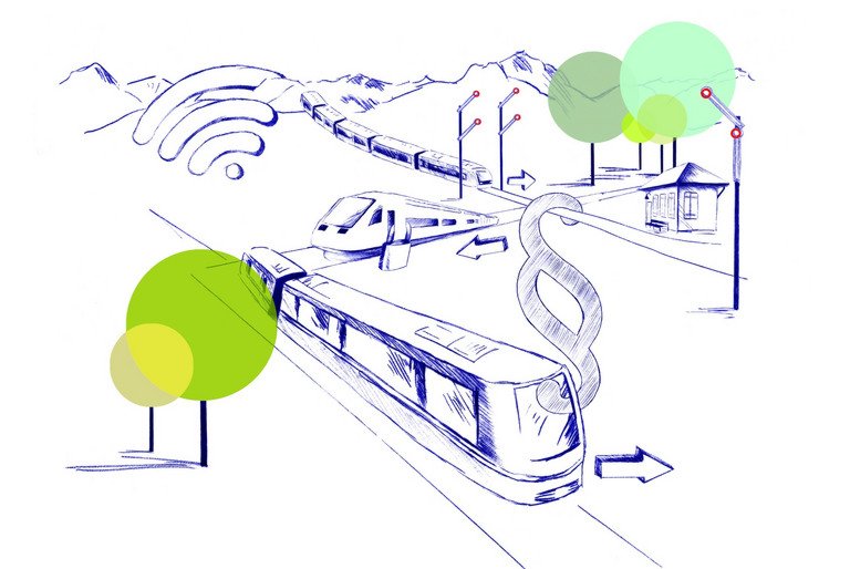 Zeichnung eines Zuges, der durch eine gr&uuml;ne Landschaft f&auml;hrt.