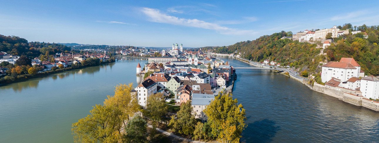  View of the tip of Passau at the confluence of the Danube, Inn and Ilz rivers. 