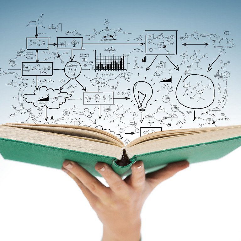 Bild von einem aufgeschlagenen Buch, das auf einer Hand liegt. Dar&uuml;ber sind Diagramme und Zeichen zu sehen, die miteinander verkn&uuml;pft sind.