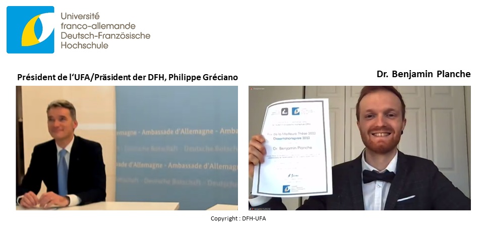 DFH-Pr&auml;sident Prof. Dr. Philippe Gr&eacute;ciano und Preistr&auml;ger Dr. Benjamin Planche bei der virtuellen Festveranstaltung Ende Januar
