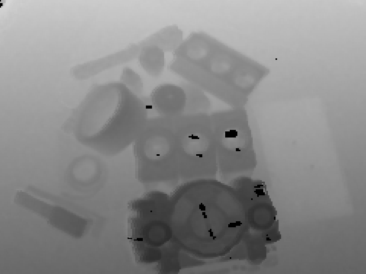 Schwarz-wei&szlig;es Tiefenbild auf welchem die Umrisse der Gegenst&auml;nde des Farbfotos erkennbar sind
